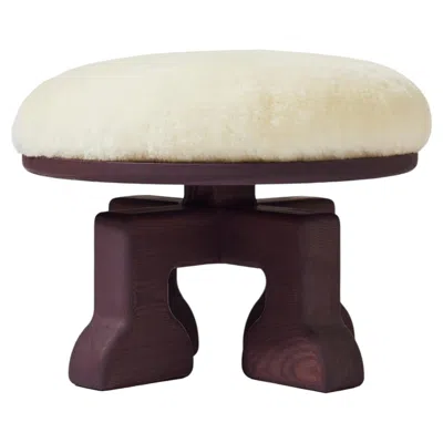 Pre-owned 1stdibs Handcrafted Ash Wood Stool W/ Shearling (white) Seat, The Muffin Man (eggplant) In Brown