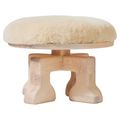 Pre-owned 1stdibs Handcrafted Ash Wood Stool With Shearling (putty) Seat, The Muffin Man (chalk) In Brown