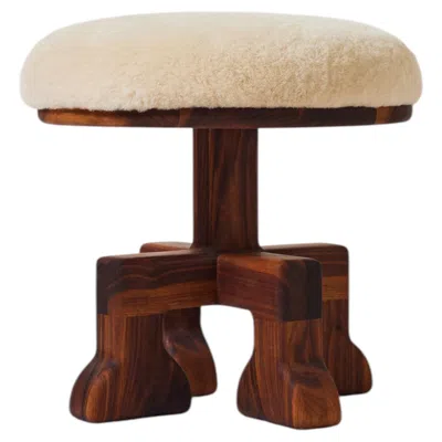 Pre-owned 1stdibs Handcrafted Muffin Man (tall) Stool In Solid Walnut With Plush Shearling (putty) In Brown