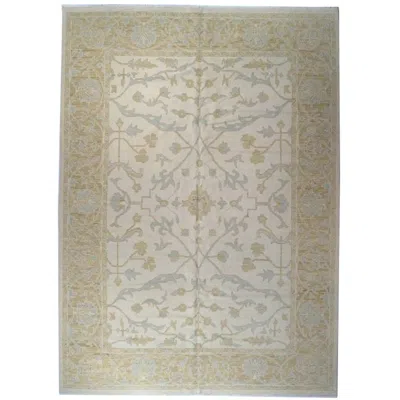 Pre-owned 1stdibs Hand-knotted 10x14 Oushak Wool Rug Ivory Gold Blue Floral Area Carpet In White
