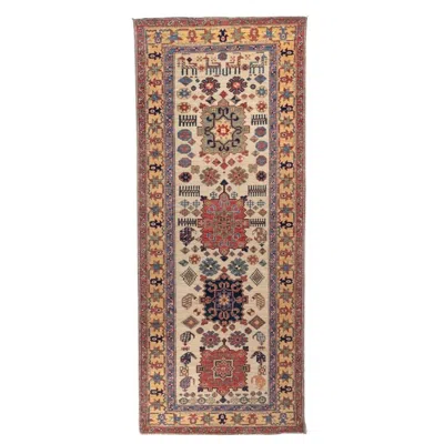 Pre-owned 1stdibs Hand-knotted 4x10 Tribal Wool Runner Rug Ivory Gold Red Geometric Rug In White