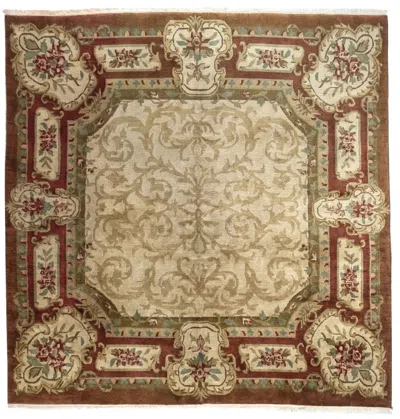 Pre-owned 1stdibs Hand-knotted 8x8 Golden Age Wool Rug Ivory Burgundy Savonnerie Square In White