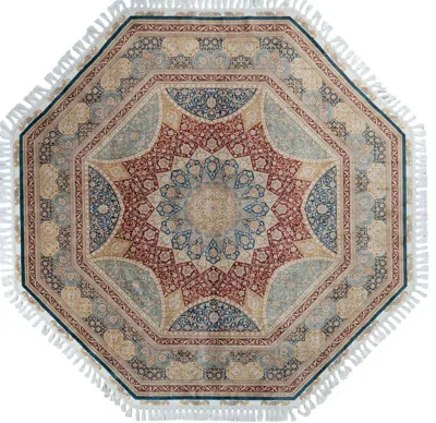 Pre-owned 1stdibs Hand-knotted Gonbad Pure Silk Rug 7'2" Octagonal Red Blue Gold Medallion