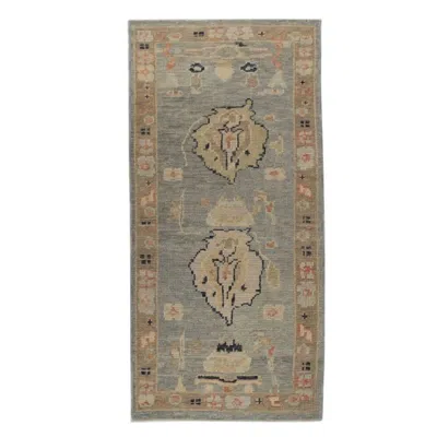Pre-owned 1stdibs Hand-knotted Turkish Oushak Wool Rug 2x5 Blue Grey Runner Accent In Gray