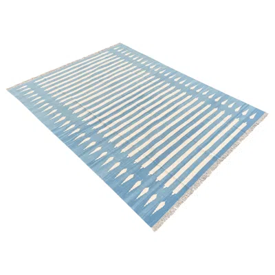 Pre-owned 1stdibs Handmade Cotton Area Flat Weave Rug, 10x14 Blue And White Striped Indian Dhurrie