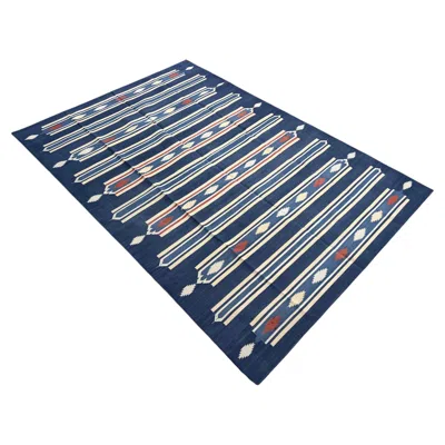 Pre-owned 1stdibs Handmade Cotton Area Flat Weave Rug, 6x9 Blue And Orange Striped Indian Dhurrie