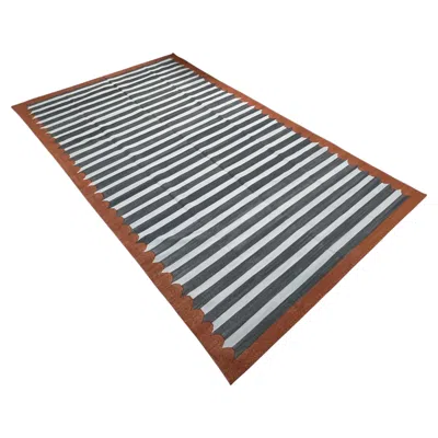 Pre-owned 1stdibs Handmade Cotton Area Flat Weave Rug, 7x12 Gray, Terracotta Stripe Indian Dhurrie