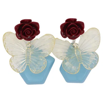 Pre-owned 1stdibs Handmade Rare Butterfly Sky Blue Burgundy Rose Irregular Clear Clip Earrings In Red
