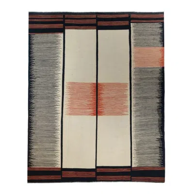 Pre-owned 1stdibs Handwoven 8x10 Kilim Wool Rug Cream Black Rust Modern Flatweave Rug In White