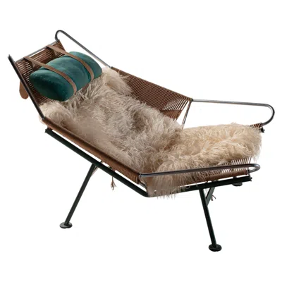 Pre-owned 1stdibs Hans Wegner Flag Halyard Lounge Chair -green Frame & Headrest-cream Sheepskin In Brown