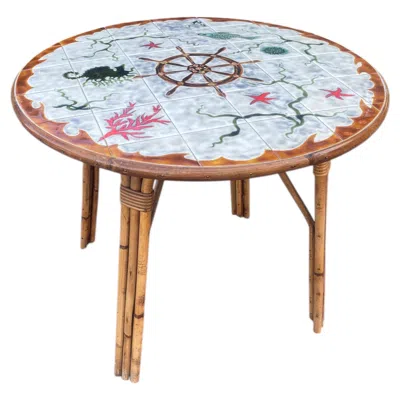 Pre-owned 1stdibs Haut Guéridon Ou Table En Bambou, Plateau Décor Marin En Céramique Circa 1950 In Gray