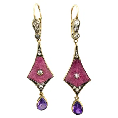 Pre-owned 1stdibs Imperial Russian 56k Yellow Gold, Enamel, Amethyst Diamond Earrings