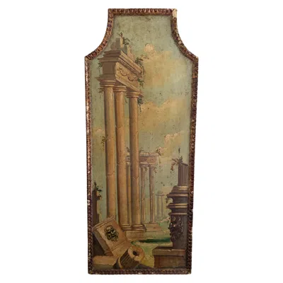 Pre-owned 1stdibs Italian Capriccio Landscape Painting With Classical Ruins In Shaped Gilt Frame In Brown