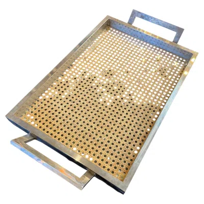 Pre-owned 1stdibs Italian Mid-century Chrome And Vienna Cane Serving Tray, 1970s In Sand