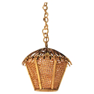 Pre-owned 1stdibs Italian Modernist Rattan And Wicker Wire Pagoda Pendant Hanging Light, 1960s In Brown
