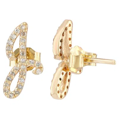 Pre-owned 1stdibs J Iniial Studs Solid 14k Yellow Gold Genuine White Diamond J Letter Stud Earring