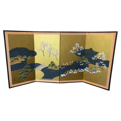 Pre-owned 1stdibs Japanese Asian Four-panel Folding Byobu Showa Screen Tale Of Genji & Cherry Tree In Brown