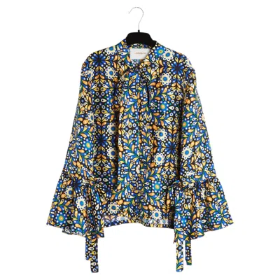 Pre-owned 1stdibs La Double J Top Fr40 Colorful Black Silk Twill Ascot Ruffles Blouse Uk12 Us10