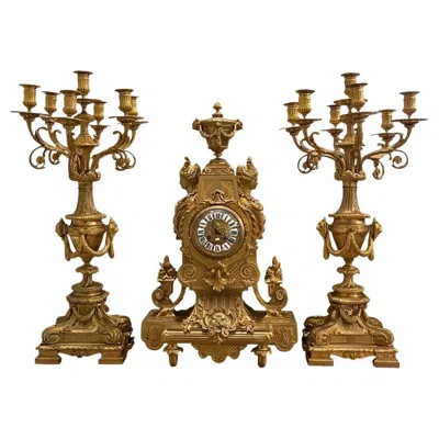 Pre-owned 1stdibs Large 19th Century French Doré Bronze Clock Garniture Marked Jules Graux, Paris. In Gold