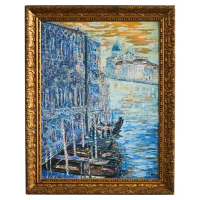 Pre-owned 1stdibs Large And Colorful Painting Canals Of Venice In Ornate Gold Frame In Gray