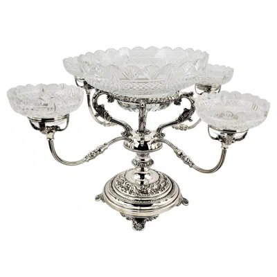Pre-owned 1stdibs Large Antique Convertible Four Arm Silver Plate & Cut Crystal Bowls Centerpiece