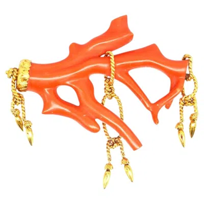 Pre-owned 1stdibs Large Corallium Rubrum Branch Brooch W/ Gold Rope Tassel Details, 19th Century In Multi