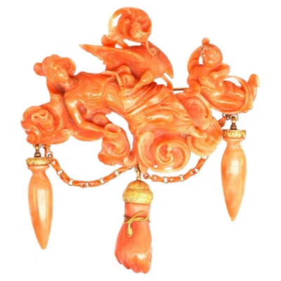 Pre-owned 1stdibs Large Rare Antique Italian Carved Coral Brooch Of The Goddess Hebe In Red