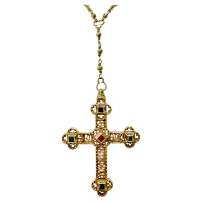 Pre-owned 1stdibs Large Vintage 18k Yellow Gold Cross Necklace With Emeralds, Sapphires & Rubies