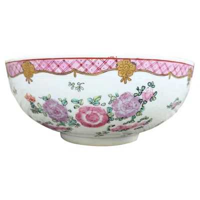 Pre-owned 1stdibs Large Vintage Chinese Famille Rose Pink Floral Hand-painted Porcelain Bowl In Red