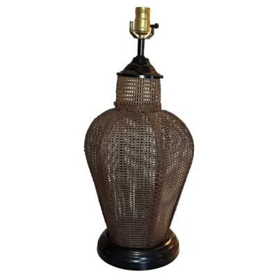 Pre-owned 1stdibs Large Vintage Handwoven Rattan And Cane Urn Form Table Lamp In Brown