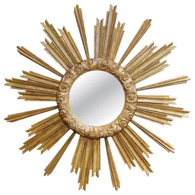 Pre-owned 1stdibs Large Vintage Italian Giltwood Sunburst Mirror With Carved Scroll Frame In Brown