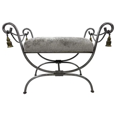Pre-owned 1stdibs Late 20th Century Hand Forged Iron And Brass Upholstered Bench In Gray