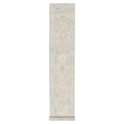 Pre-owned 1stdibs Long Oushak Rug Runner With Soft Sage Field And Floral Accents In Sand