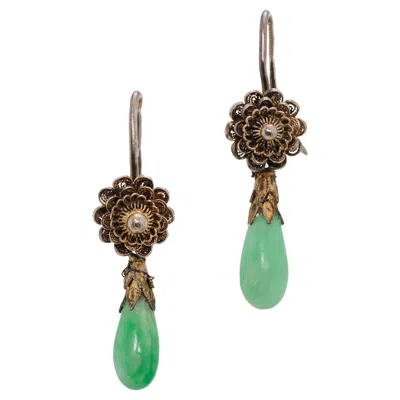 Pre-owned 1stdibs Lovely Vintage Jade And Silver Gilt Earrings In Green