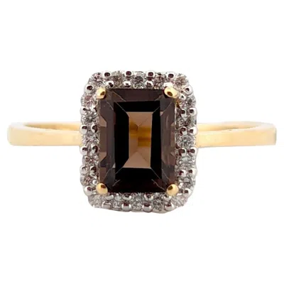 Pre-owned 1stdibs Lunaria 10k Yellow Gold Smoky Quartz And Diamond Halo Ring Size 7.5