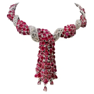 Pre-owned 1stdibs Luxury Burmese Ruby, Diamond Drop Necklace, 92.36ct, 18k White Gold