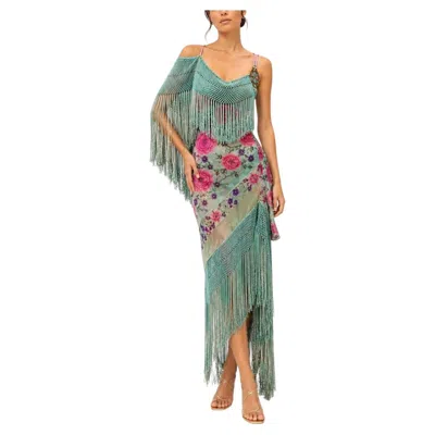 Pre-owned 1stdibs Ma Aqua Blue & Pink Silk Crochet Floral Embroidered Fringe Ombre