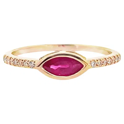 Pre-owned 1stdibs Marquise East West Ruby Ring With Round Diamonds In 14k Yellow Gold