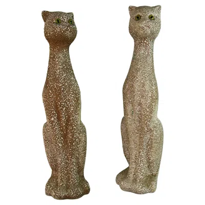 Pre-owned 1stdibs Matched Pair Oversized French Ceramic Cats Sculpture With Glass Eyes In Brown