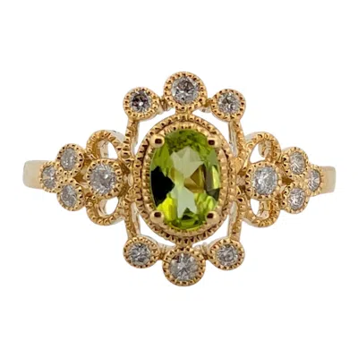 Pre-owned 1stdibs Meadow 10k Yellow Gold Peridot & Diamond Ring, Oval Peridot Halo Ring