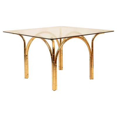 Pre-owned 1stdibs Mediterranean Italian Brass-plated Steel Dining Table With Bamboo-effect And Glass Top In Sand