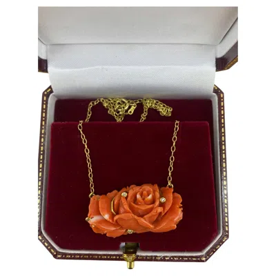Pre-owned 1stdibs Mediterranean Natural Red Rose-shaped Carved Coral, Diamond, 18k Gold Necklace