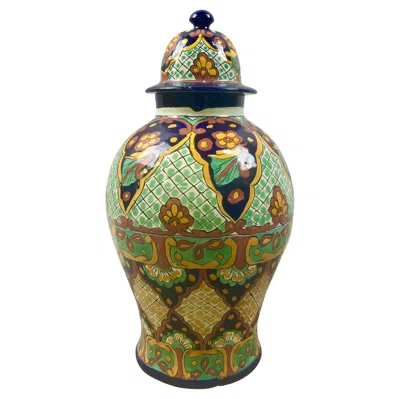 Pre-owned 1stdibs Mexican Talavera Multi-color Handmade Pottery Lidded Vase Or Urn In Brown