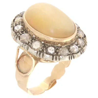 Pre-owned 1stdibs Mid Century 14k Yellow Gold 800, Silver, Opal And Rose Cut Diamond Cocktail Ring