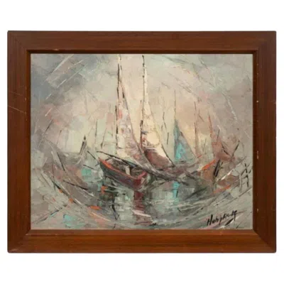 Pre-owned 1stdibs Mid Century Modern Oil Painting Of Sail Boats Framed In A Hardwood Frame. In Brown
