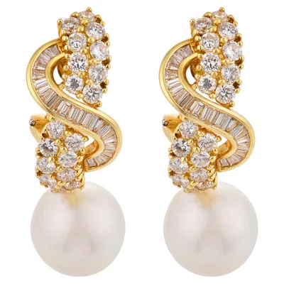 Pre-owned 1stdibs Mid Century Pearl Diamond 18k Yellow Gold Earrings