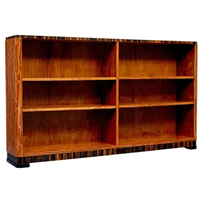 Pre-owned 1stdibs Mid Century Scandinavian Teak And Zebra Wood Low Open Bookcase In Brown