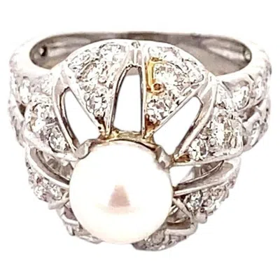 Pre-owned 1stdibs Mid-century 14k White Gold Cultured Pearl And 1.50 Carat Diamond Cocktail Ring