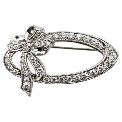 Pre-owned 1stdibs Mid-century 14k White Gold Diamond Oval Bow Pin