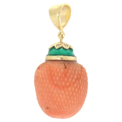 Pre-owned 1stdibs Mid-century Acorn-shaped 14k Yellow Gold Pendant With Orange Coral & Diamond